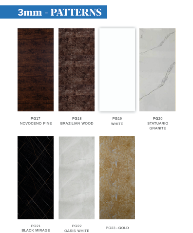 3mm Polygranite Wall Panels PG17 to PG23 Wood and Marble Patterns